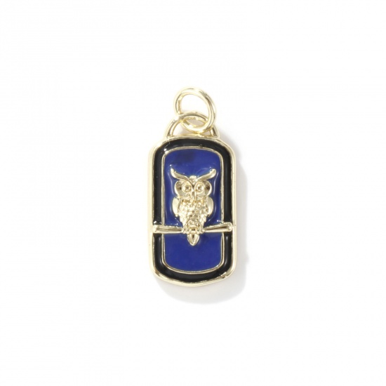 Picture of 1 Piece Eco-friendly Brass Charms 18K Real Gold Plated Blue Violet Enamel Rectangle Owl 21mm x 9mm