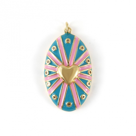 Изображение 1 Piece Eco-friendly Brass Valentine's Day Pendants 18K Real Gold Plated Green Blue Enamel Oval Heart Micro Pave Clear Cubic Zirconia 4.1cm x 2.1cm