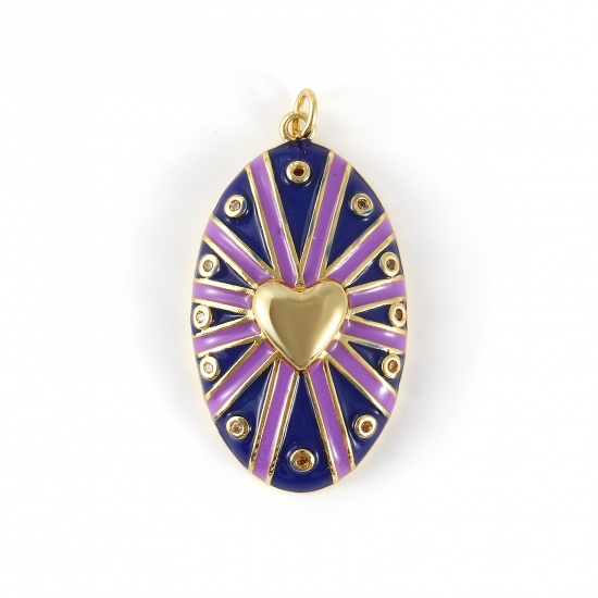 Изображение 1 Piece Eco-friendly Brass Valentine's Day Pendants 18K Real Gold Plated Dark Blue Enamel Oval Heart Micro Pave Clear Cubic Zirconia 4.1cm x 2.1cm