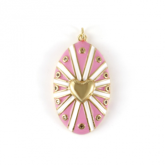 Изображение 1 Piece Eco-friendly Brass Valentine's Day Pendants 18K Real Gold Plated Pink Enamel Oval Heart Micro Pave Clear Cubic Zirconia 4.1cm x 2.1cm