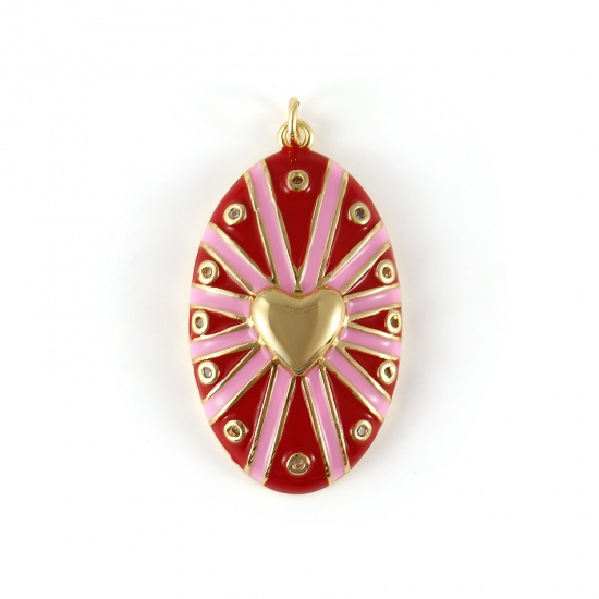 Изображение 1 Piece Eco-friendly Brass Valentine's Day Pendants 18K Real Gold Plated Red Enamel Oval Heart Micro Pave Clear Cubic Zirconia 4.1cm x 2.1cm