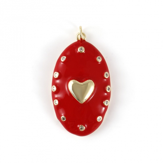 Изображение 1 Piece Eco-friendly Brass Valentine's Day Pendants 18K Real Gold Plated Red Enamel Oval Heart Micro Pave Clear Cubic Zirconia 4.1cm x 2.1cm