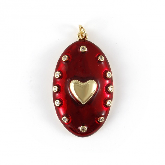 Изображение 1 Piece Eco-friendly Brass Valentine's Day Pendants 18K Real Gold Plated Dark Red Enamel Oval Heart Micro Pave Clear Cubic Zirconia 4.1cm x 2.1cm