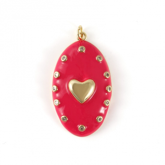 Изображение 1 Piece Eco-friendly Brass Valentine's Day Pendants 18K Real Gold Plated Hot Pink Enamel Oval Heart Micro Pave Clear Cubic Zirconia 4.1cm x 2.1cm