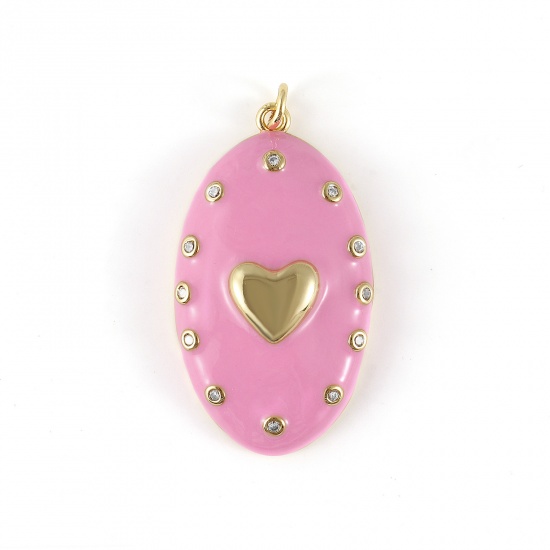 Изображение 1 Piece Eco-friendly Brass Valentine's Day Pendants 18K Real Gold Plated Pink Enamel Oval Heart Micro Pave Clear Cubic Zirconia 4.1cm x 2.1cm