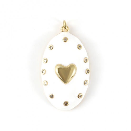 Изображение 1 Piece Eco-friendly Brass Valentine's Day Pendants 18K Real Gold Plated White Enamel Oval Heart Micro Pave Clear Cubic Zirconia 4.1cm x 2.1cm