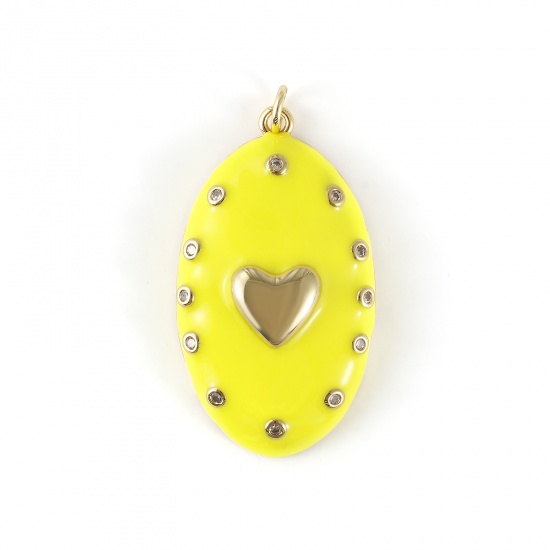 Изображение 1 Piece Eco-friendly Brass Valentine's Day Pendants 18K Real Gold Plated Yellow Enamel Oval Heart Micro Pave Clear Cubic Zirconia 4.1cm x 2.1cm