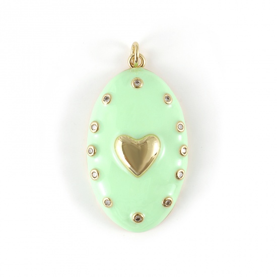 Изображение 1 Piece Eco-friendly Brass Valentine's Day Pendants 18K Real Gold Plated Light Green Enamel Oval Heart Micro Pave Clear Cubic Zirconia 4.1cm x 2.1cm