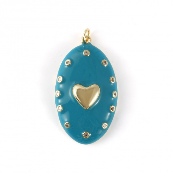 Изображение 1 Piece Eco-friendly Brass Valentine's Day Pendants 18K Real Gold Plated Green Blue Enamel Oval Heart Micro Pave Clear Cubic Zirconia 4.1cm x 2.1cm