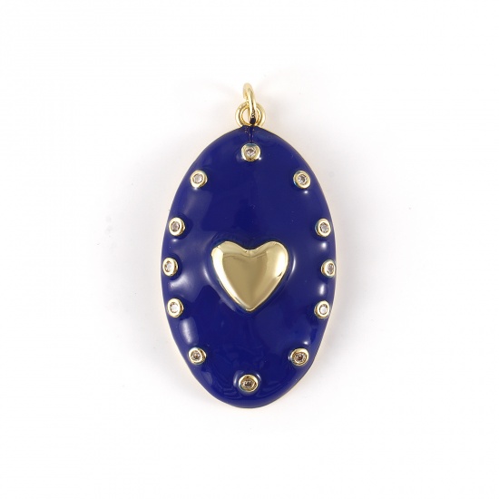 Изображение 1 Piece Eco-friendly Brass Valentine's Day Pendants 18K Real Gold Plated Dark Blue Enamel Oval Heart Micro Pave Clear Cubic Zirconia 4.1cm x 2.1cm