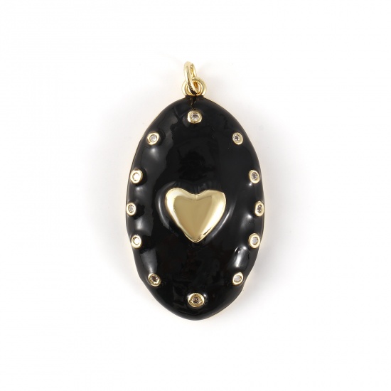 Изображение 1 Piece Eco-friendly Brass Valentine's Day Pendants 18K Real Gold Plated Black Enamel Oval Heart Micro Pave Clear Cubic Zirconia 4.1cm x 2.1cm