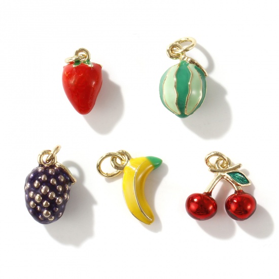 Immagine di 1 Serie ( 5 Pz/Serie) Ecologico Ottone 3D Ciondoli 18K Vero Oro Placcato Multicolore Frutta Misto Smalto