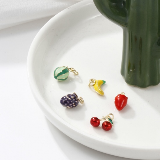 Immagine di 1 Serie ( 5 Pz/Serie) Ecologico Ottone 3D Ciondoli 18K Vero Oro Placcato Multicolore Frutta Misto Smalto