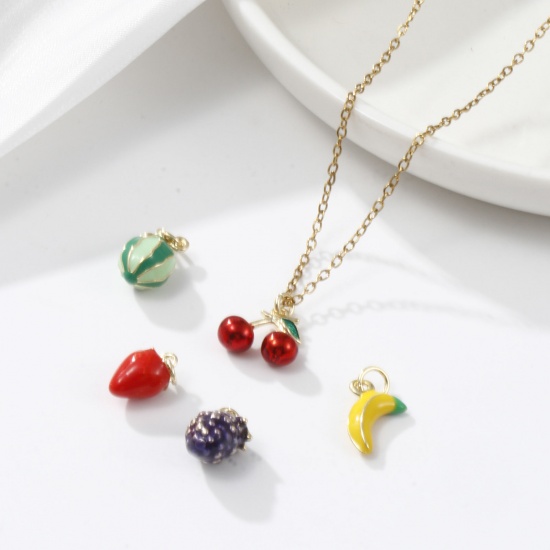Immagine di 1 Serie ( 5 Pz/Serie) Ecologico Ottone 3D Ciondoli 18K Vero Oro Placcato Multicolore Frutta Misto Smalto