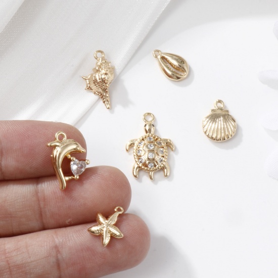 Picture of 1 Set ( 6 PCs/Set) Brass Ocean Jewelry Charms 18K Gold Plated Shell Mixed 3D