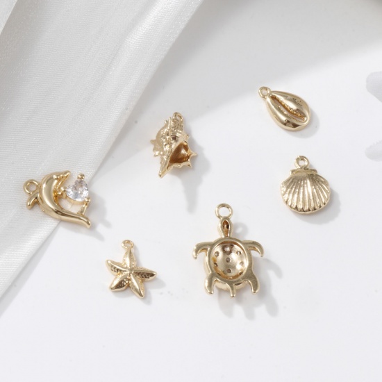 Picture of 1 Set ( 6 PCs/Set) Brass Ocean Jewelry Charms 18K Gold Plated Shell Mixed 3D