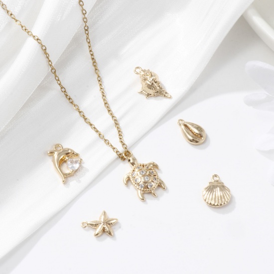 Picture of 1 Set ( 6 PCs/Set) Brass Ocean Jewelry Charms 18K Gold Plated Shell Mixed 3D