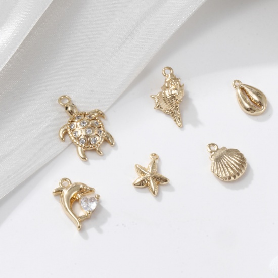Picture of 1 Set ( 6 PCs/Set) Brass Ocean Jewelry Charms 18K Gold Plated Shell Mixed 3D
