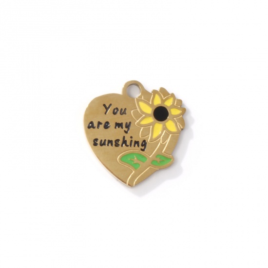 Imagen de 2 Unidades Recubrimiento al Vacío PVD Ecológico 304 Acero Inoxidable Colgantes Chapado en Oro de 18K Multicolor Corazón Girasol Esmalte 16mm x 15mm