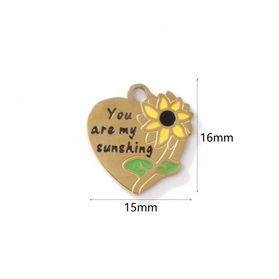 Imagen de 2 Unidades Recubrimiento al Vacío PVD Ecológico 304 Acero Inoxidable Colgantes Chapado en Oro de 18K Multicolor Corazón Girasol Esmalte 16mm x 15mm