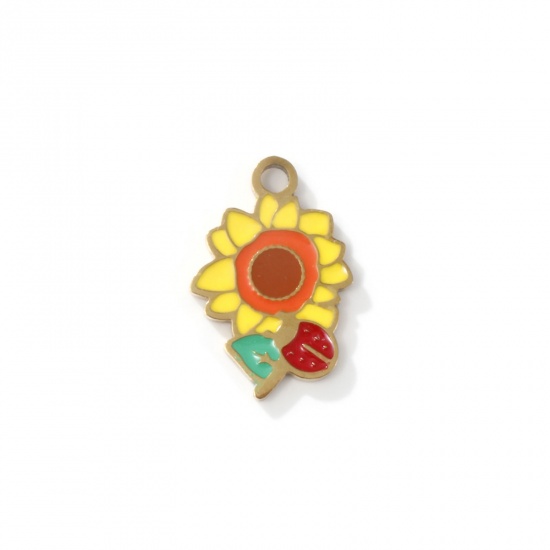 Imagen de 2 Unidades Recubrimiento al Vacío PVD Ecológico 304 Acero Inoxidable Colgantes Chapado en Oro de 18K Multicolor Girasol Esmalte 18mm x 12mm