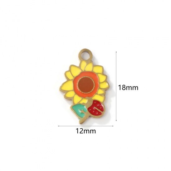 Imagen de 2 Unidades Recubrimiento al Vacío PVD Ecológico 304 Acero Inoxidable Colgantes Chapado en Oro de 18K Multicolor Girasol Esmalte 18mm x 12mm