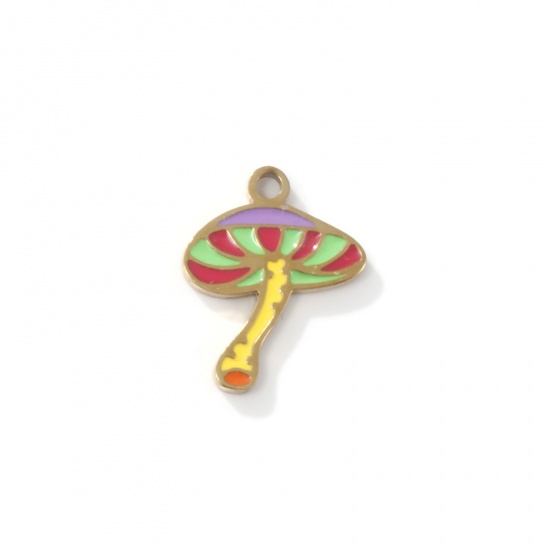 Picture of 2 PCs Eco-friendly PVD Vacuum Plating 304 Stainless Steel Charms 18K Gold Plated Mushroom Enamel 14mm x 11.5mm