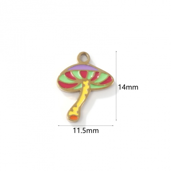 Picture of 2 PCs Eco-friendly PVD Vacuum Plating 304 Stainless Steel Charms 18K Gold Plated Mushroom Enamel 14mm x 11.5mm