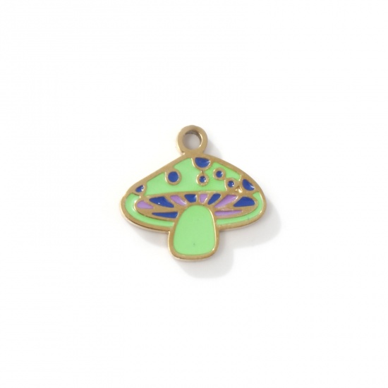Picture of 2 PCs Eco-friendly PVD Vacuum Plating 304 Stainless Steel Charms 18K Gold Plated Mushroom Enamel 13mm x 12mm