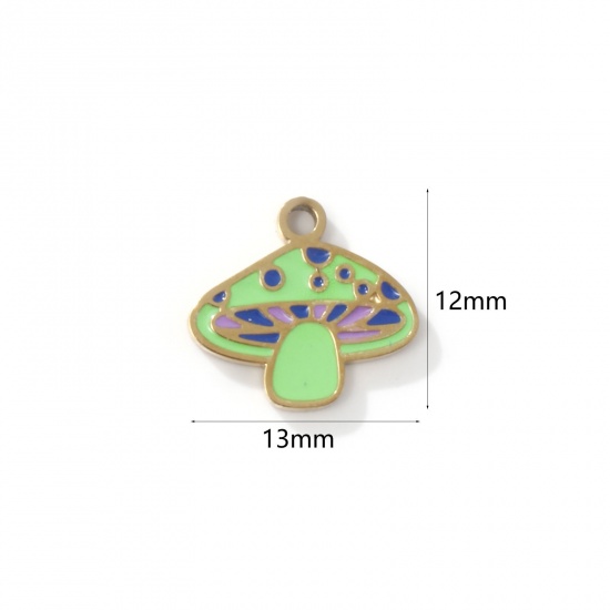 Picture of 2 PCs Eco-friendly PVD Vacuum Plating 304 Stainless Steel Charms 18K Gold Plated Mushroom Enamel 13mm x 12mm