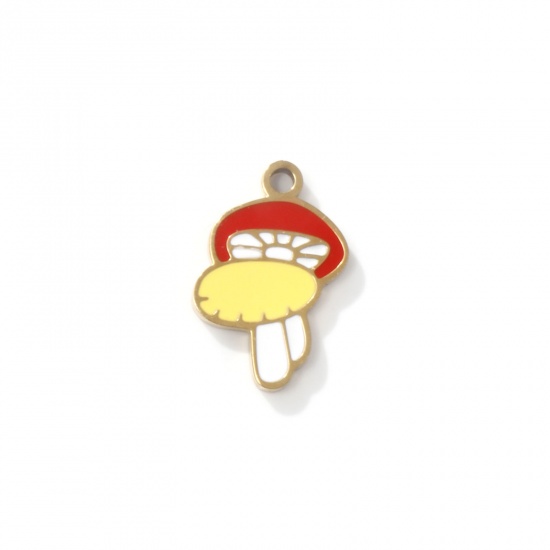 Picture of 2 PCs Eco-friendly PVD Vacuum Plating 304 Stainless Steel Charms 18K Gold Plated Mushroom Enamel 15mm x 10mm