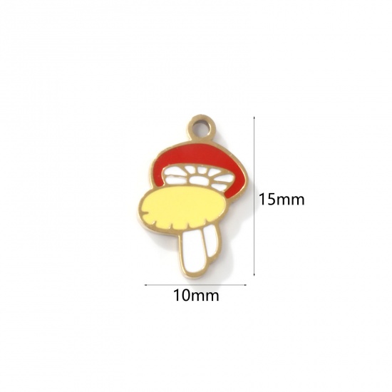 Picture of 2 PCs Eco-friendly PVD Vacuum Plating 304 Stainless Steel Charms 18K Gold Plated Mushroom Enamel 15mm x 10mm