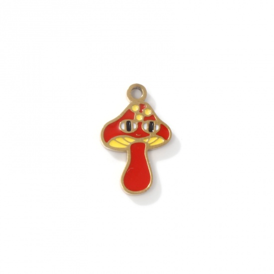 Picture of 2 PCs Eco-friendly PVD Vacuum Plating 304 Stainless Steel Charms 18K Gold Plated Mushroom Enamel 15mm x 10mm
