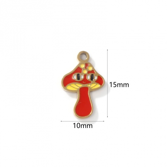 Picture of 2 PCs Eco-friendly PVD Vacuum Plating 304 Stainless Steel Charms 18K Gold Plated Mushroom Enamel 15mm x 10mm