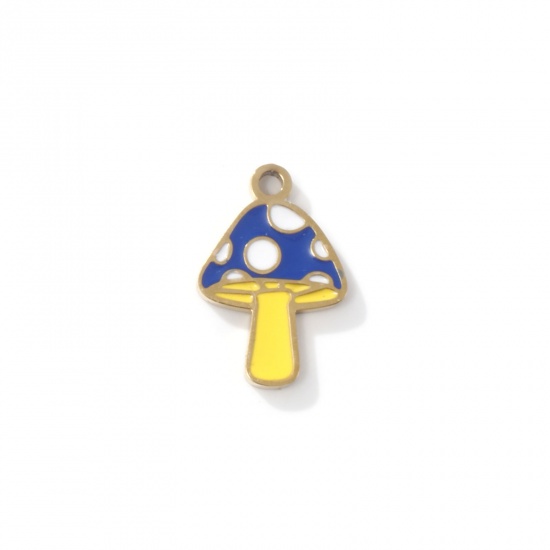 Picture of 2 PCs Eco-friendly PVD Vacuum Plating 304 Stainless Steel Charms 18K Gold Plated Mushroom Enamel 15mm x 10mm