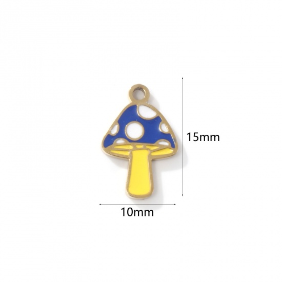 Picture of 2 PCs Eco-friendly PVD Vacuum Plating 304 Stainless Steel Charms 18K Gold Plated Mushroom Enamel 15mm x 10mm