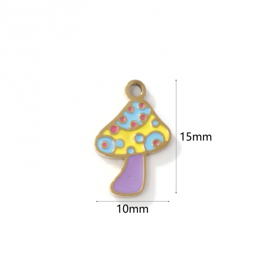 Picture of 2 PCs Eco-friendly PVD Vacuum Plating 304 Stainless Steel Charms 18K Gold Plated Mushroom Enamel 15mm x 10mm