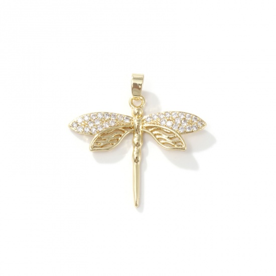 Imagen de 2 Unidades Latón Insecto Colgantes Charms Chapado en Oro de 18K Libélula Micro Pave Claro Circón Artificial 29mm x 29mm