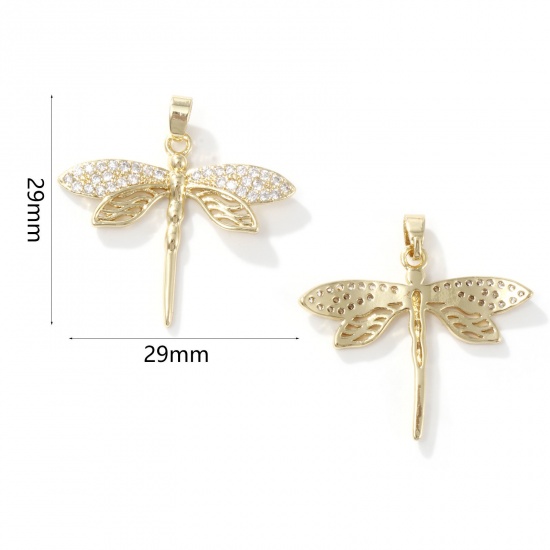 Imagen de 2 Unidades Latón Insecto Colgantes Charms Chapado en Oro de 18K Libélula Micro Pave Claro Circón Artificial 29mm x 29mm