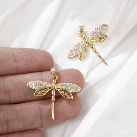Imagen de 2 Unidades Latón Insecto Colgantes Charms Chapado en Oro de 18K Libélula Micro Pave Claro Circón Artificial 29mm x 29mm