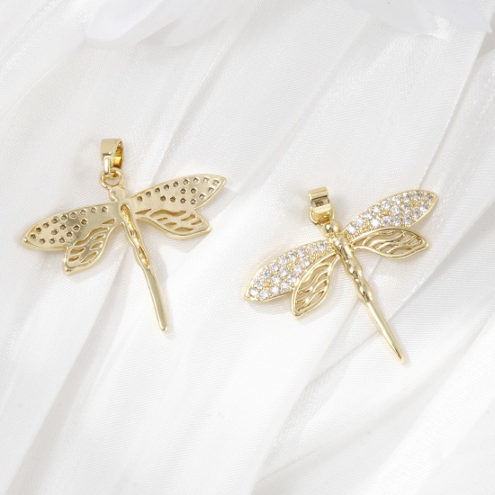Imagen de 2 Unidades Latón Insecto Colgantes Charms Chapado en Oro de 18K Libélula Micro Pave Claro Circón Artificial 29mm x 29mm