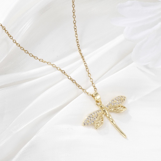 Imagen de 2 Unidades Latón Insecto Colgantes Charms Chapado en Oro de 18K Libélula Micro Pave Claro Circón Artificial 29mm x 29mm