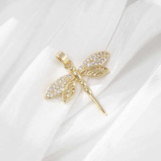 Imagen de 2 Unidades Latón Insecto Colgantes Charms Chapado en Oro de 18K Libélula Micro Pave Claro Circón Artificial 29mm x 29mm