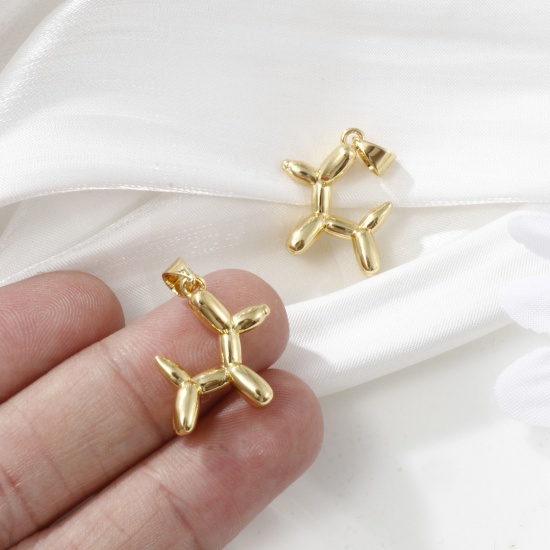 Picture of 2 PCs Brass Charm Pendant 18K Gold Plated Balloon Dog 3D 23mm x 16mm