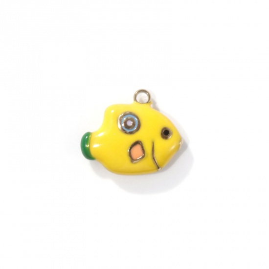 Picture of 1 Piece Eco-friendly PVD Vacuum Plating 304 Stainless Steel Ocean Jewelry Charms 18K Real Gold Plated Yellow Enamel Fish Animal 3D 14mm x 12mm