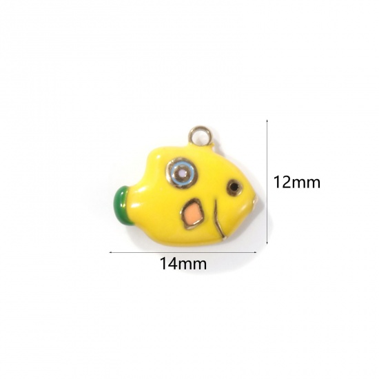Picture of 1 Piece Eco-friendly PVD Vacuum Plating 304 Stainless Steel Ocean Jewelry Charms 18K Real Gold Plated Yellow Enamel Fish Animal 3D 14mm x 12mm