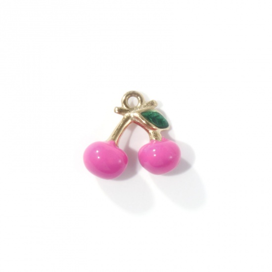 1 Piece Eco-friendly PVD Vacuum Plating 304 Stainless Steel Charms 18K Real Gold Plated Fuchsia Enamel Cherry Fruit 3D 13mm x 11.5mm の画像