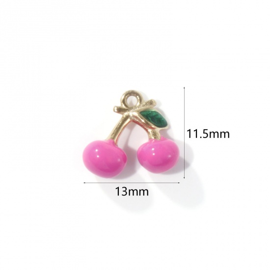 1 Piece Eco-friendly PVD Vacuum Plating 304 Stainless Steel Charms 18K Real Gold Plated Fuchsia Enamel Cherry Fruit 3D 13mm x 11.5mm の画像