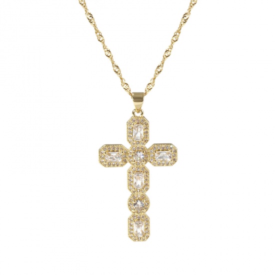 Picture of 1 Piece Eco-friendly Retro Religious 18K Real Gold Plated Transparent Clear Brass Wave Twisted Chain Cross Micro Pave Pendant Charm Necklace Unisex 45cm(17.7") + 5cm(2") long
