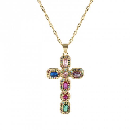 Picture of 1 Piece Eco-friendly Retro Religious 18K Real Gold Plated Multicolor Brass Wave Twisted Chain Cross Micro Pave Pendant Charm Necklace Unisex 45cm(17.7") + 5cm(2") long